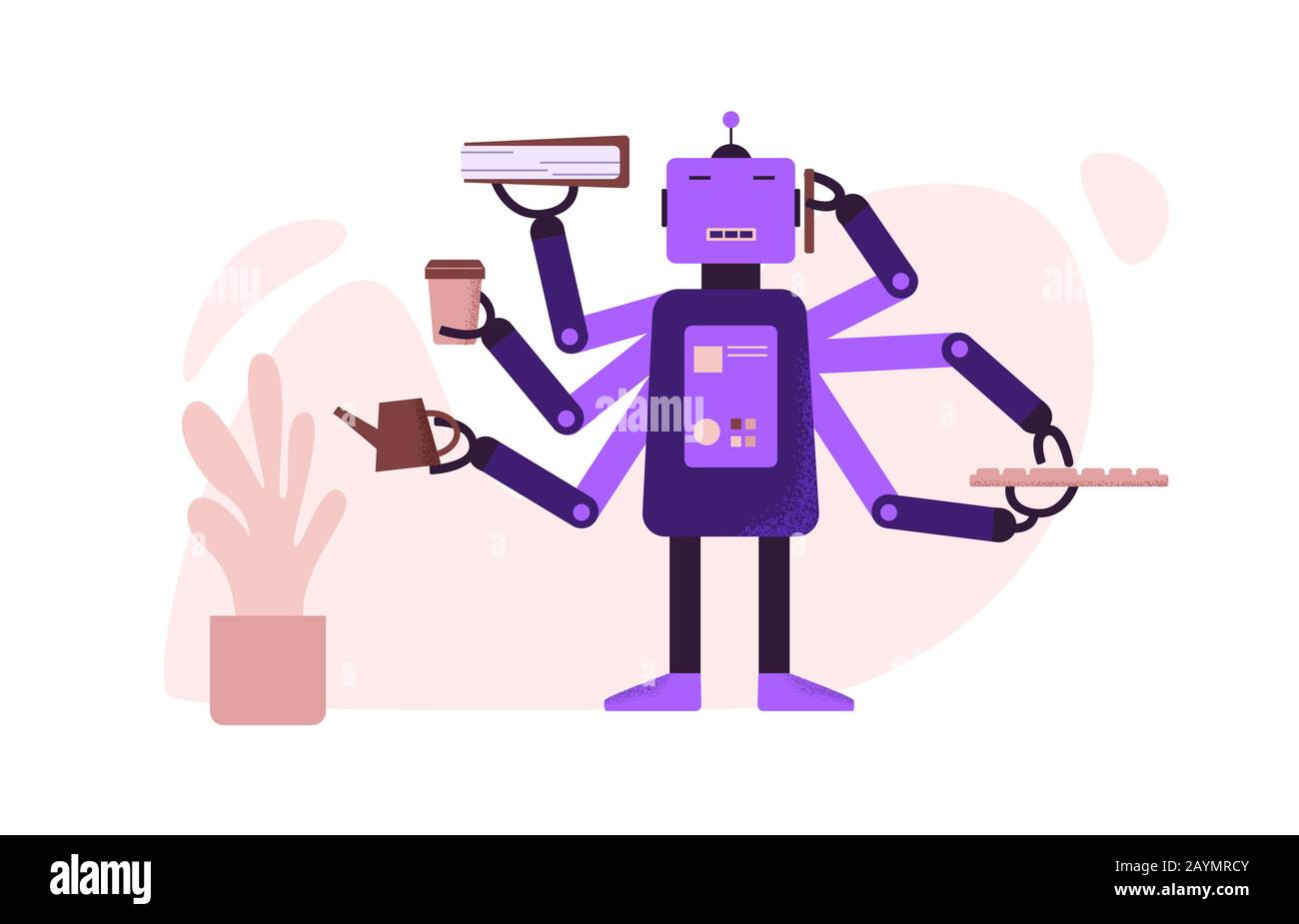 Cartoon robot with AI on work at office vector flat illustration Stock Vector