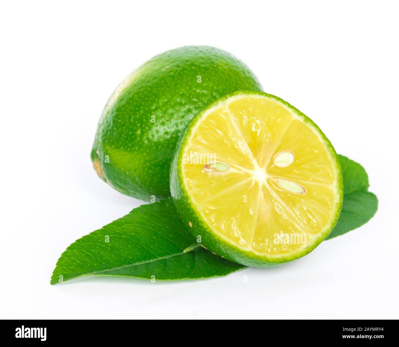 Studio shot single whole lime with slice cutout and leaves isolated on ...