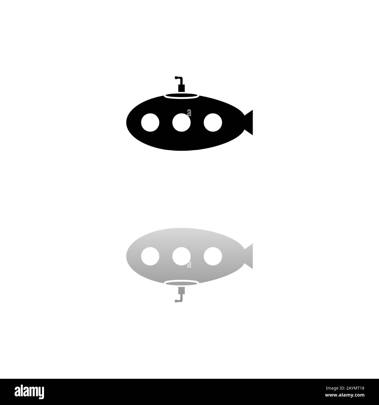 Submarine with periscope. Black symbol on white background. Simple illustration. Flat Vector Icon. Mirror Reflection Shadow. Can be used in logo, web, Stock Vector