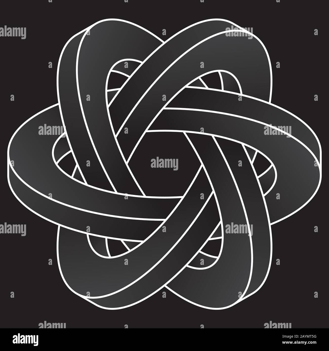 Impossible three circles icon. White vector optical illusion shape on black background. Stock Vector