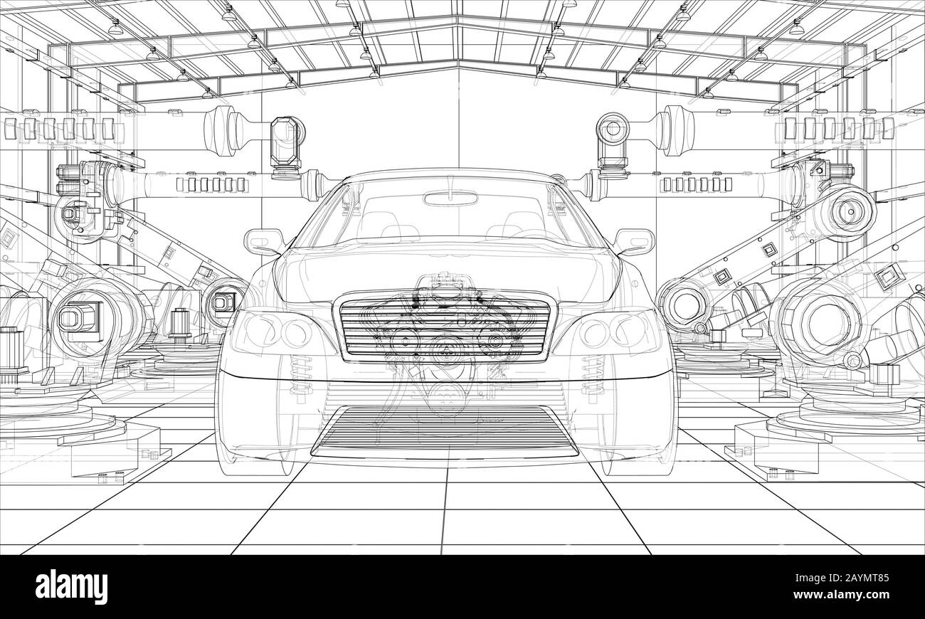 Assembly of motor vehicle. Robotic equipment makes Assembly of car. Blueprint style. Vector rendering from 3D model Stock Vector