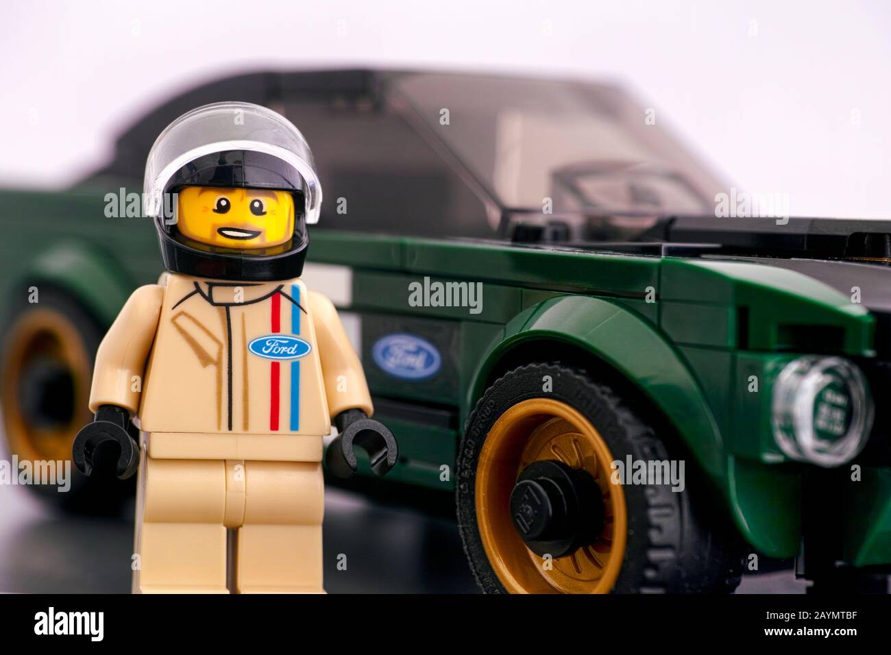 Tambov, Russian Federation - July 02, 2019 Lego 1968 Ford Mustang Fastback  driver minifigure by LEGO Speed Champions against his car. Studio shot  Stock Photo - Alamy