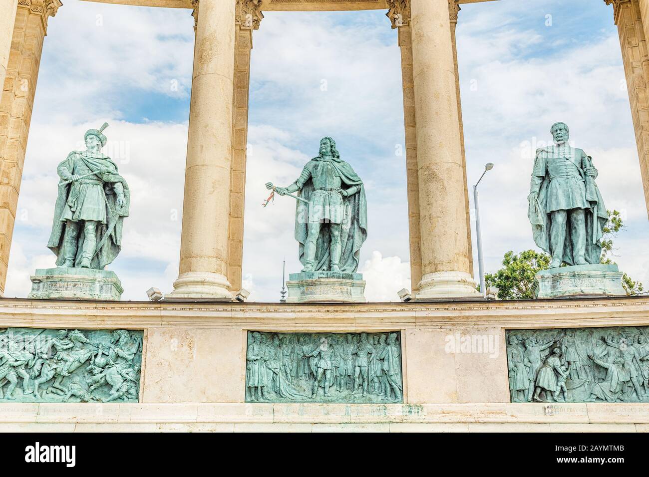 A closeup of statues and monuments of Hungarian historical figures on