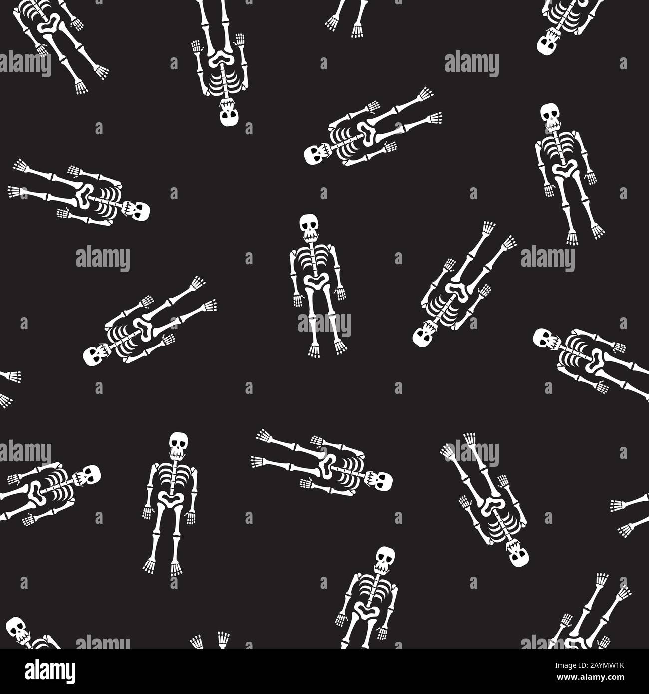 Seamless pattern. Human skeletons. Isolated on black background. Happy Halloween pattern. Background, wallpaper. Vector. Stock Vector