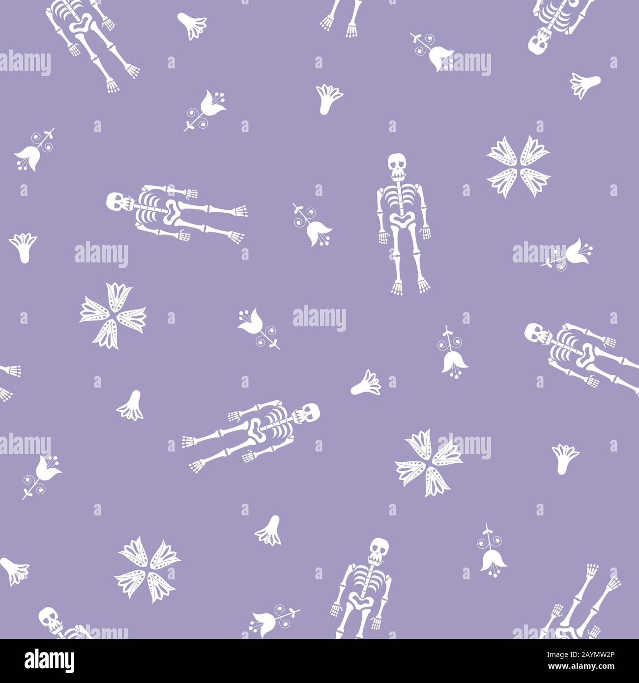 Seamless pattern. Human white skeletons and traditional flowers on lila background. Happy Halloween pattern. Sugar skulls. Background, wallpaper. Vect Stock Vector