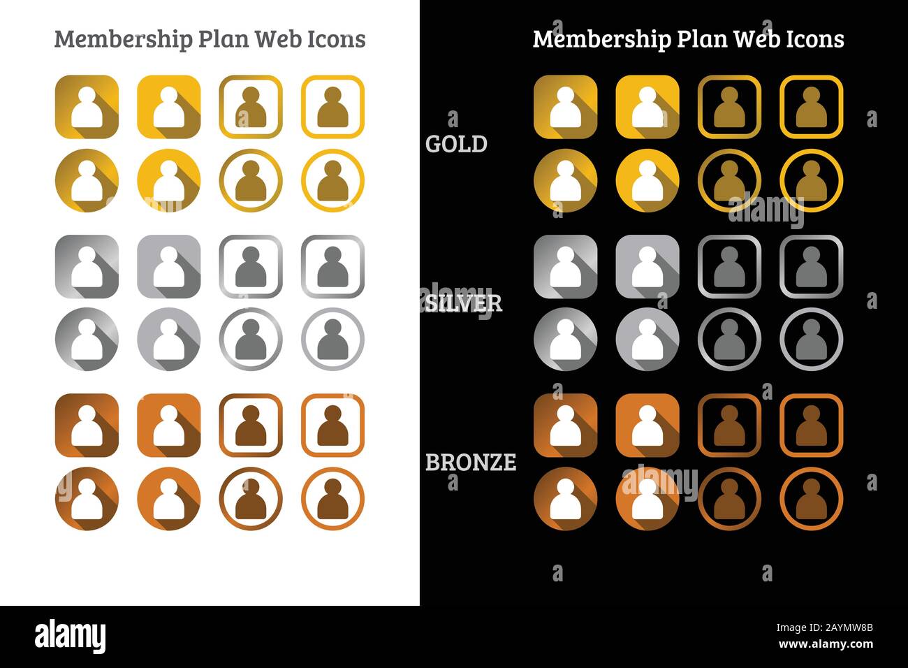 Membership plan web Icon design in Gold, Silver and Bronze color Stock Vector