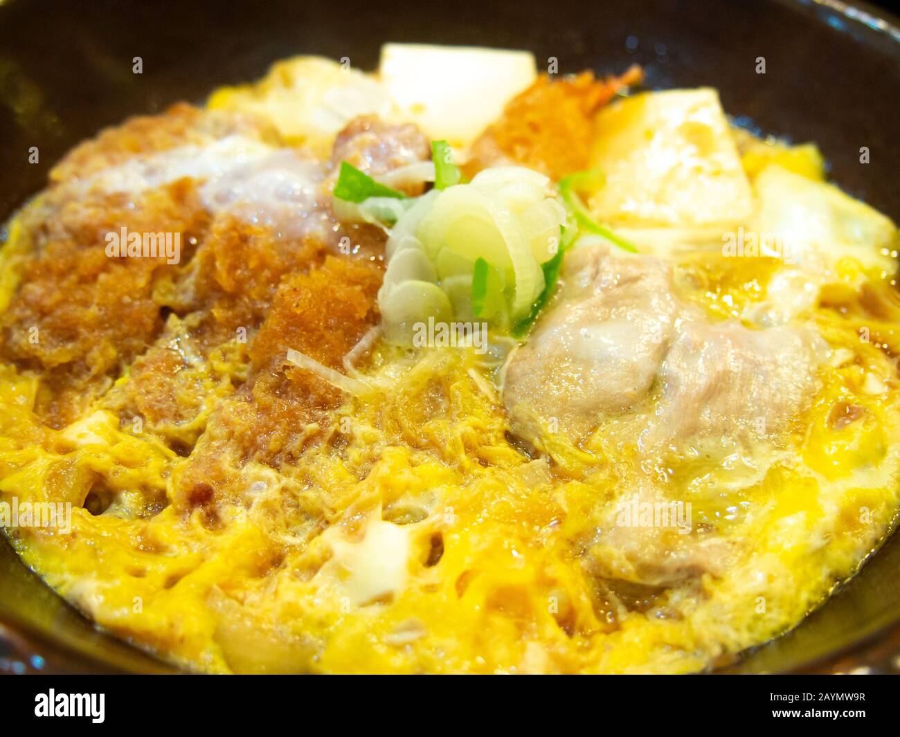 Fried pork cutlet (tonkatsu) with egg topping on steamed rice