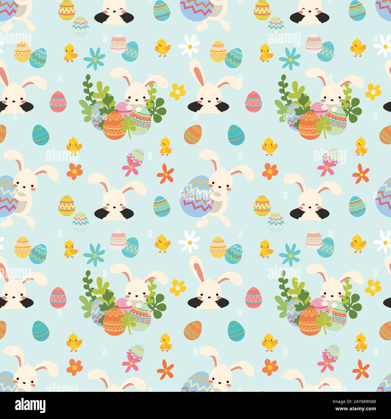 Seamless easter pattern with bunny, eggs, flowers Stock Vector