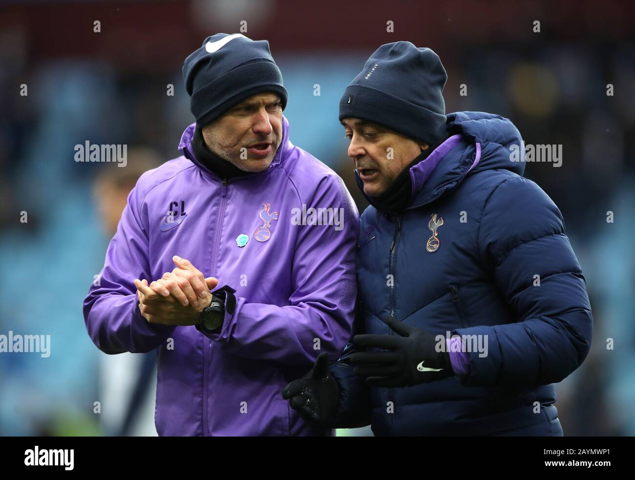 Tottenham Hotspur head of first team performance Carlos Lalin (left) and tactical analyst Ricardo Formosinho prior to the Premier League match at Villa Park, Birmingham. Stock Photo