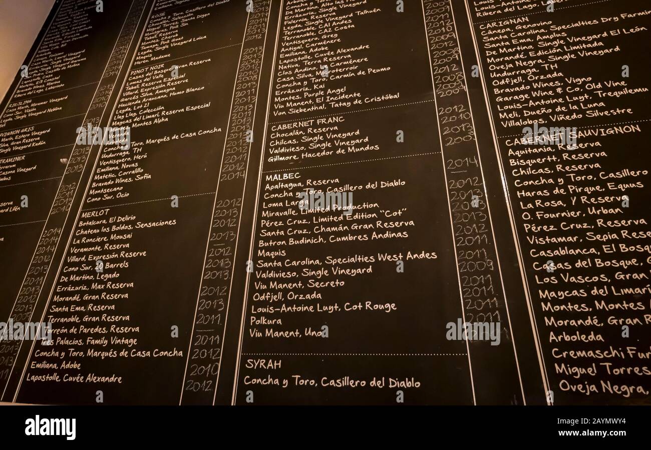 List of Chilean wines in a wine bar in Bocanariz wine bar, Lastarria, Central Santiago