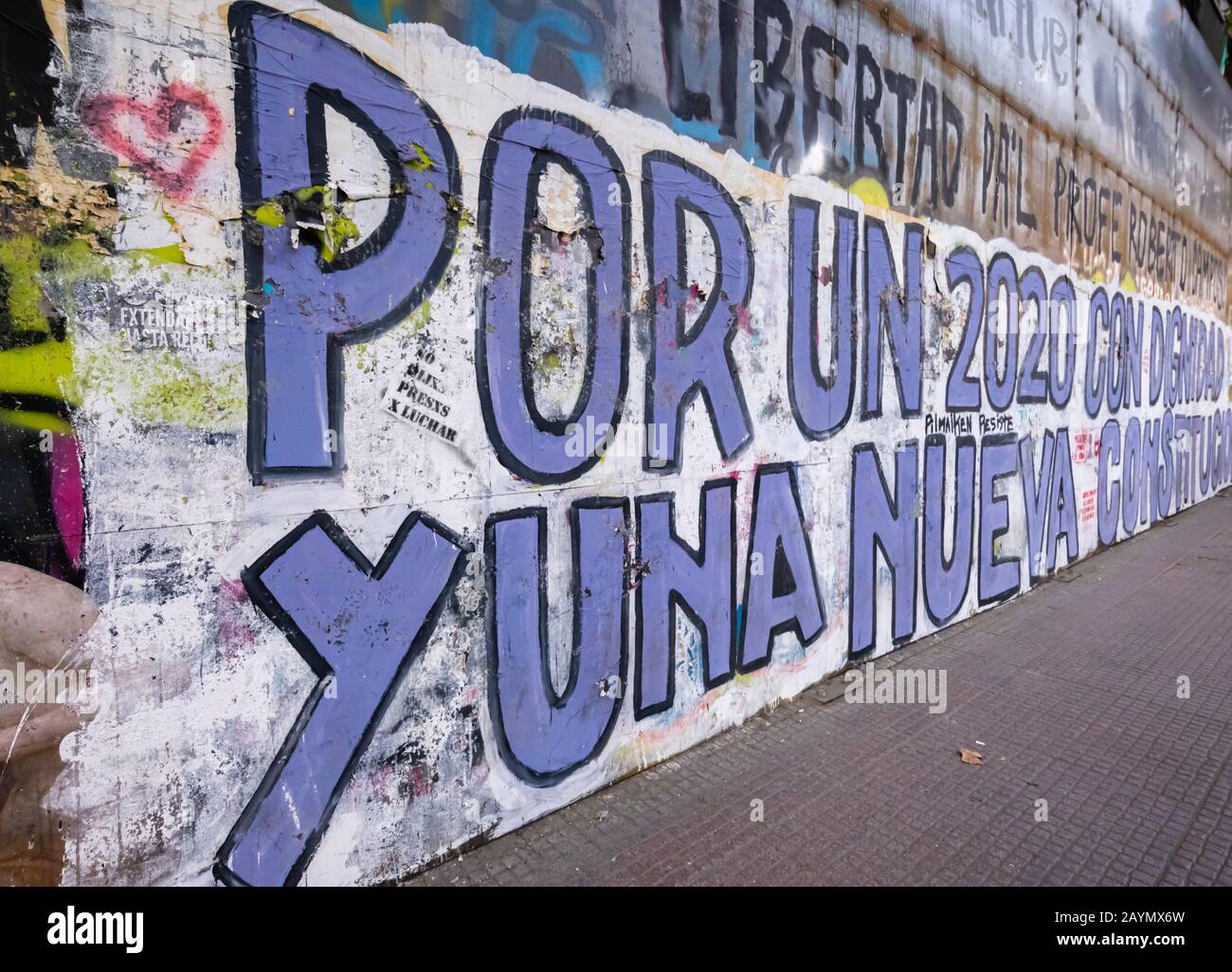 Graffiti on a wall from the political unrest and protests in Lastarria, Central Santiago, Metropolitan Region, capital city of Chile, South America Stock Photo