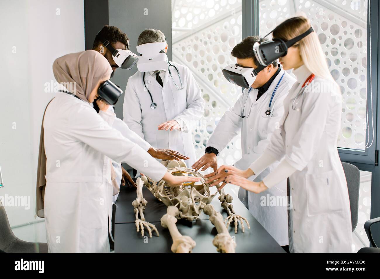 Team of multiethnic scientists paleontologists, genetics working in laboratory, examining bones, studying human skeleton anatomy, using virtual Stock Photo