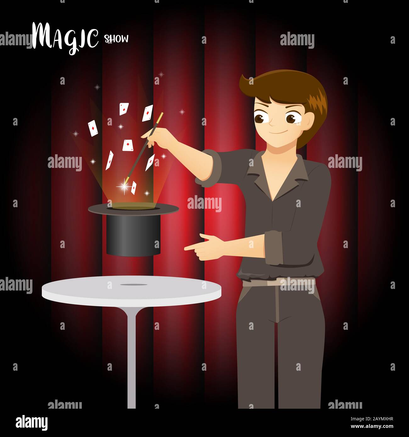 Magician making trick with a wand and playing cards performance on a stage Stock Vector