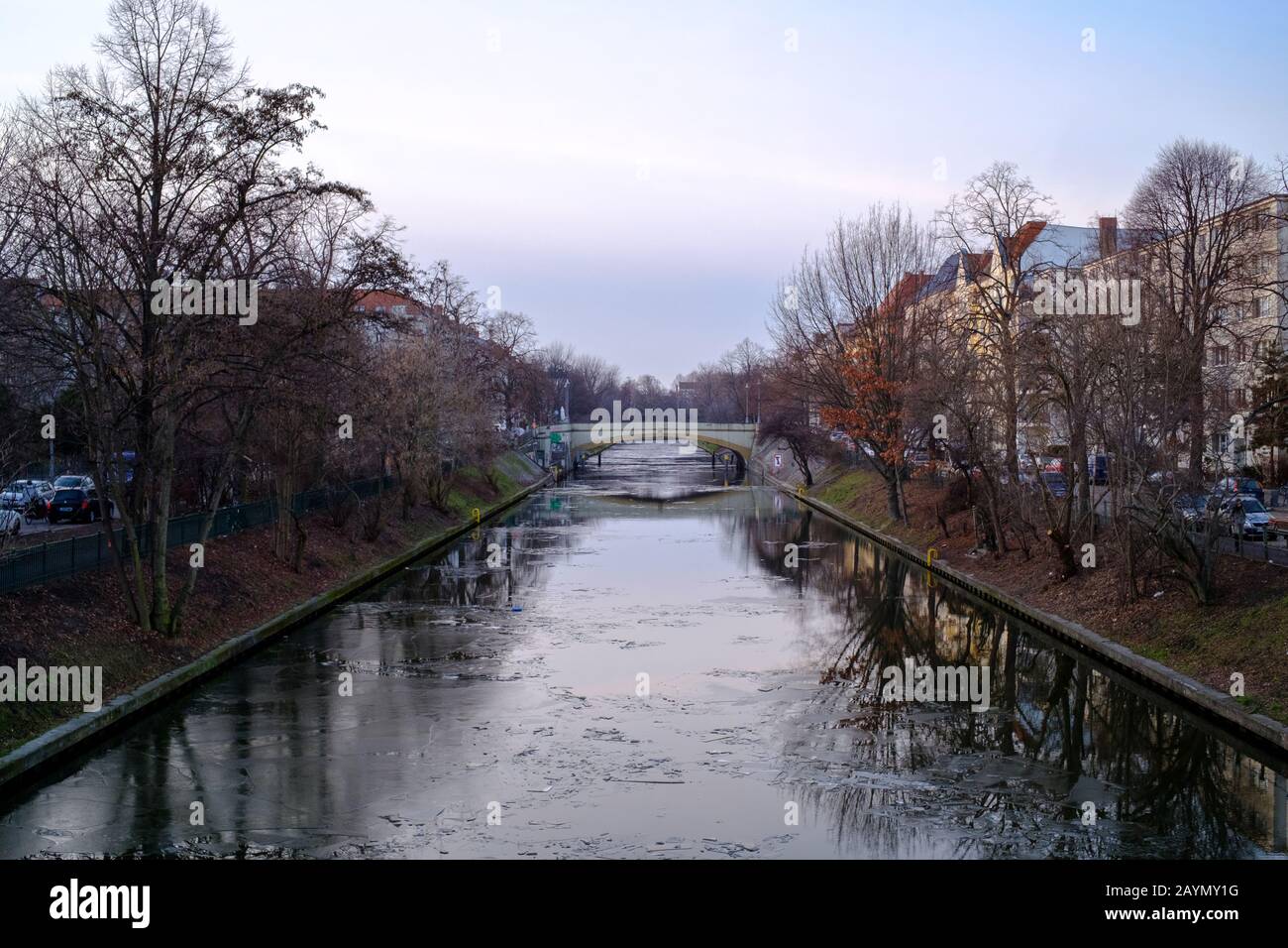 View of the Neukoellner Schiffahrtskanal canals in Berlin-Neukoelln in February 2019. Stock Photo
