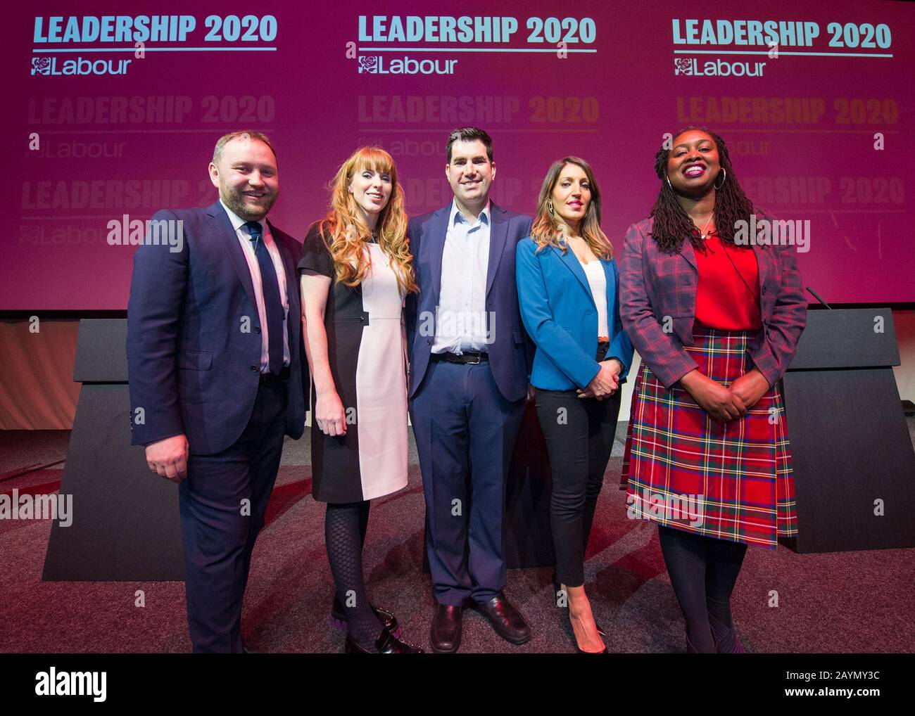 Glasgow, UK. 15 February 2020. UK Labour Party Hustings for the Deputy Leader of the UK Labour Party Leadership 2020. Pictured: (L-R) Ian Murray MP; Angela Rayner MP; Richard Burgon MP; Rosena Allin-Khan MP; Dawn Butler MP. Credit: Colin Fisher/Alamy Live News Stock Photo