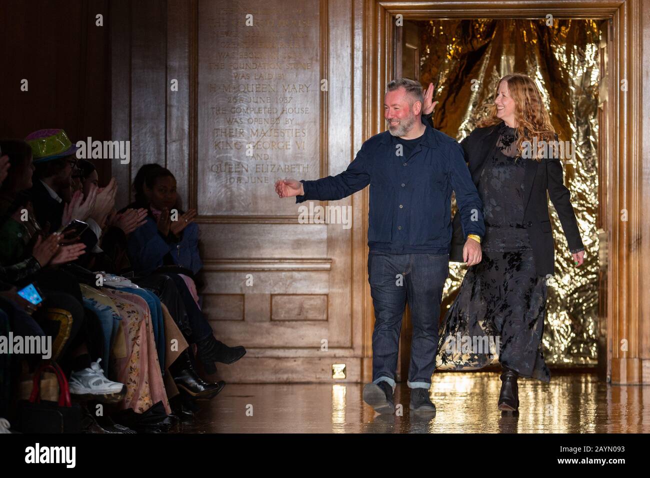 Designers Justin Thornton and Thea Bregazzi on the catwalk following their Preen show at London Fashion Week February 2020  held at Church House Westminster in London. PA Photo. Picture date: Sunday February 16, 2020. Photo credit should read: Katie Collins/PA Stock Photo