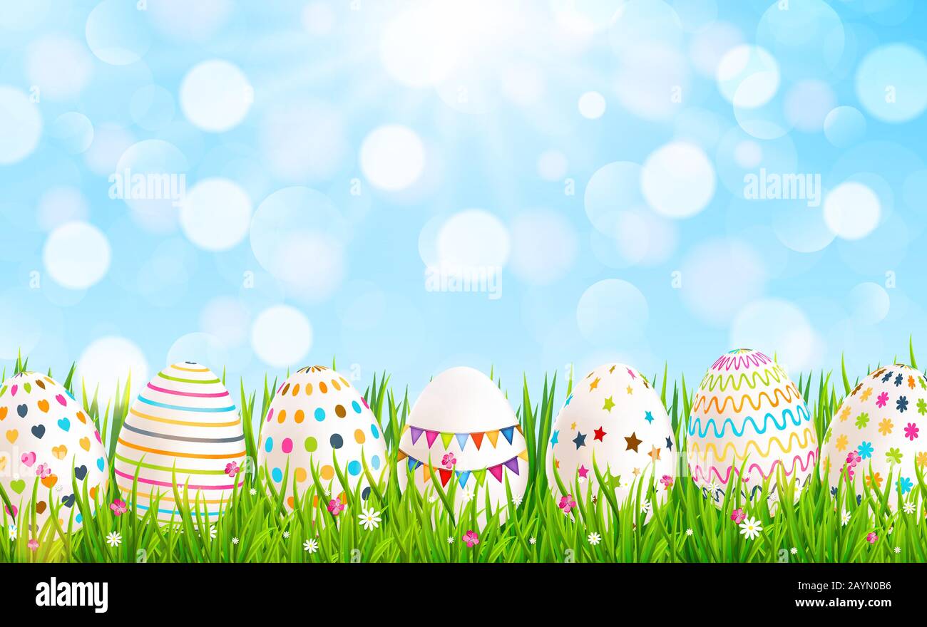 Easter background with colorful easter eggs on green grass. Vector illustration Stock Vector