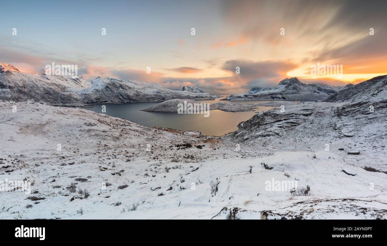 A view over Torsfjorden on the way to Rythen, Fredvang, Flakstad, Moskenesøya, Nordland, Lofoten, Norway, Northern Europe Stock Photo