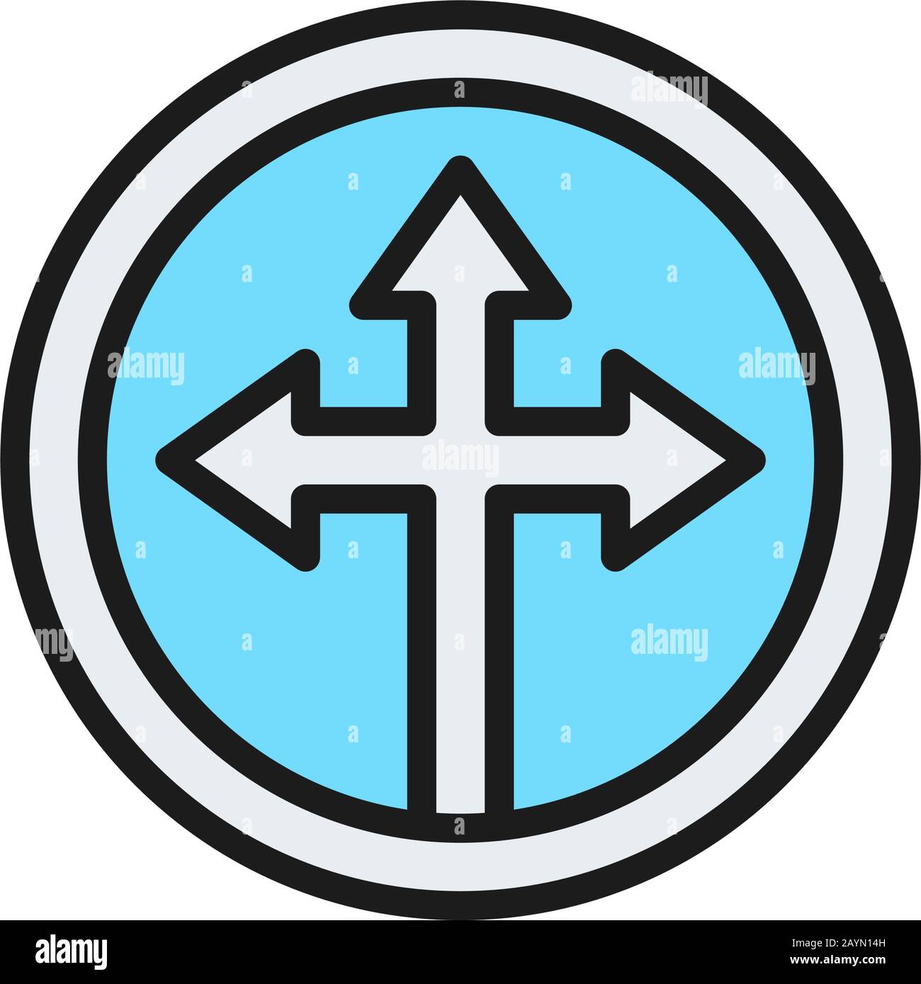 Arrow cross, three-way flat color line icon. Stock Vector