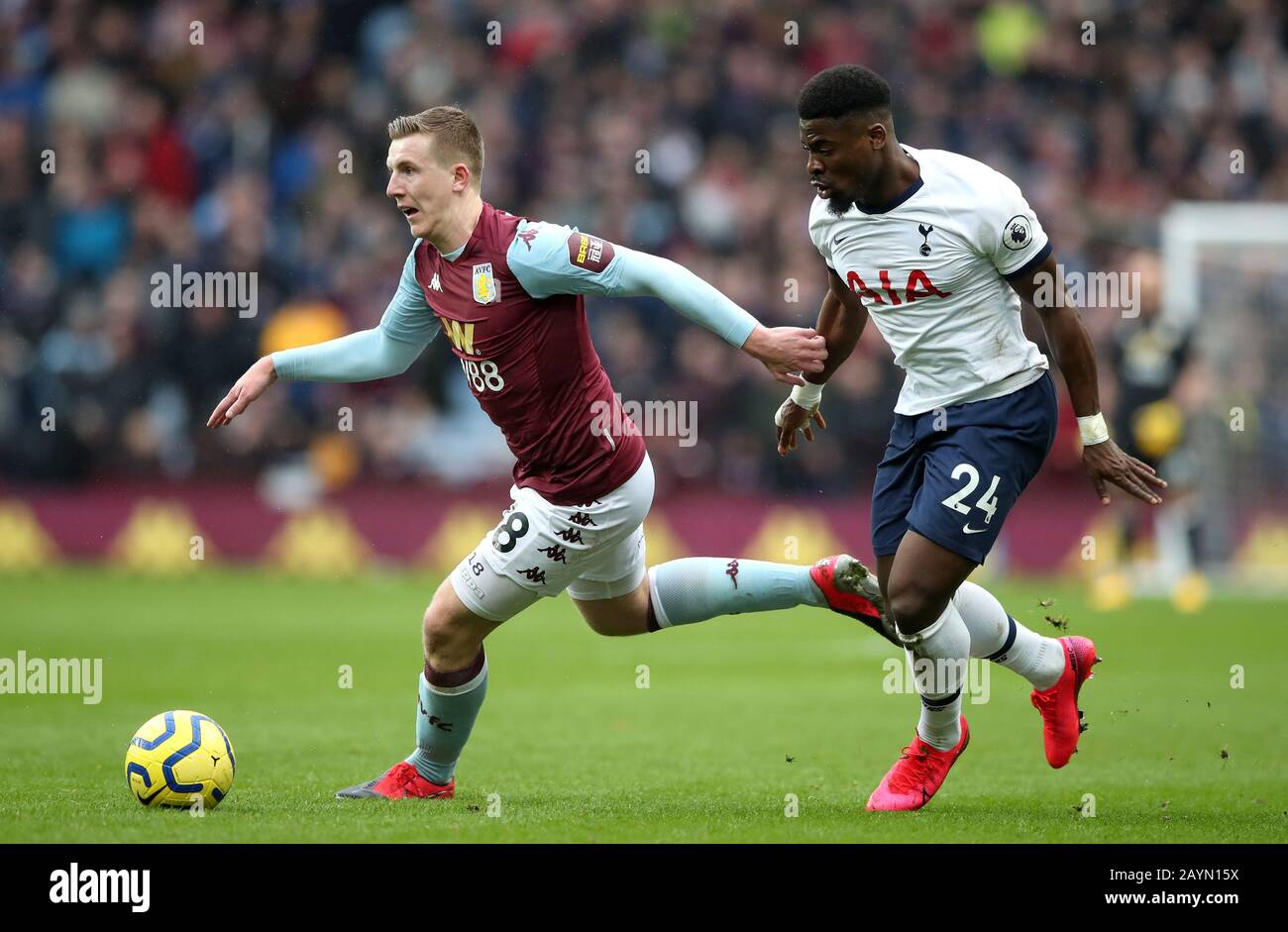 Aston Villa's Matt Targett (left) and Tottenham Hotspur's Serge Aurier battle for the ball during the Premier League match at Villa Park, Birmingham. Stock Photo