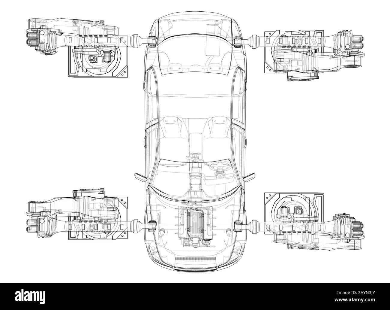Assembly of motor vehicle. Robotic equipment makes Assembly of car. Blueprint style. Vector rendering from 3D model Stock Vector