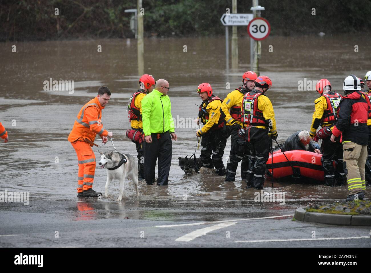 Rescue operations continue after flooding in Nantgarw, Wales as Storm Dennis hit the UK. Stock Photo