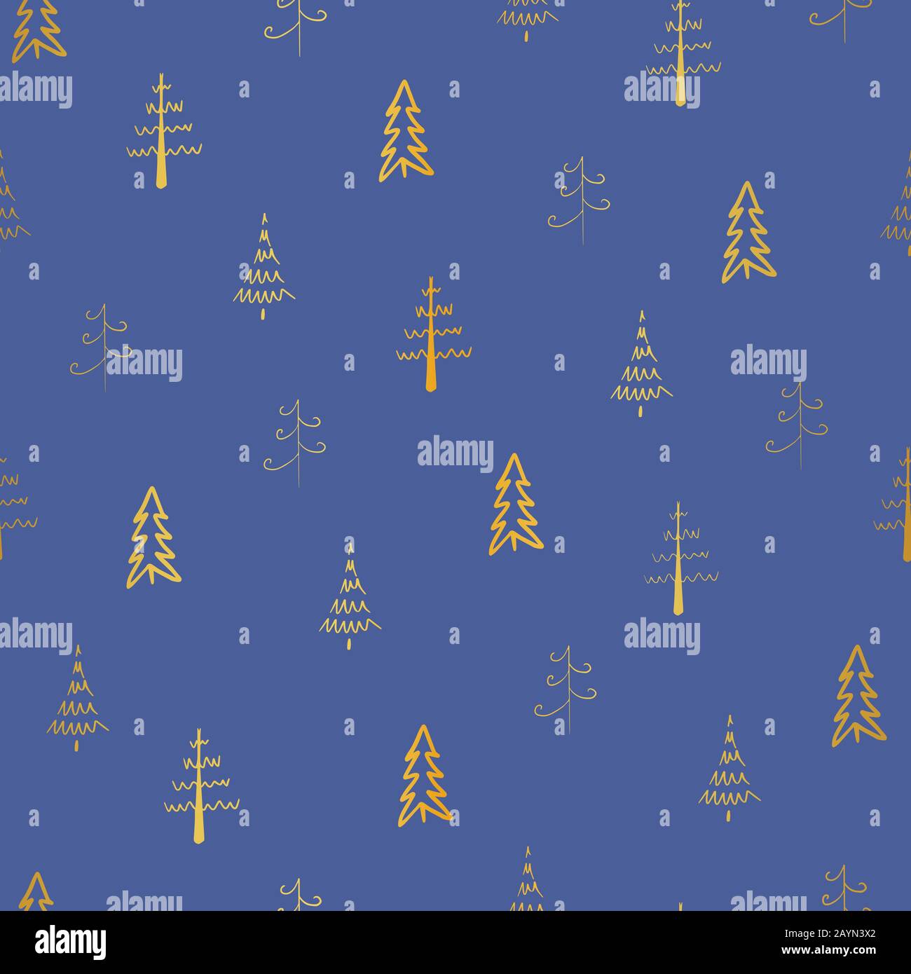 Gold christmas trees on blue background. Vector seamless, repeat pattern. Holiday xmas pattern. Good for background, wrapping and print. Stock Vector