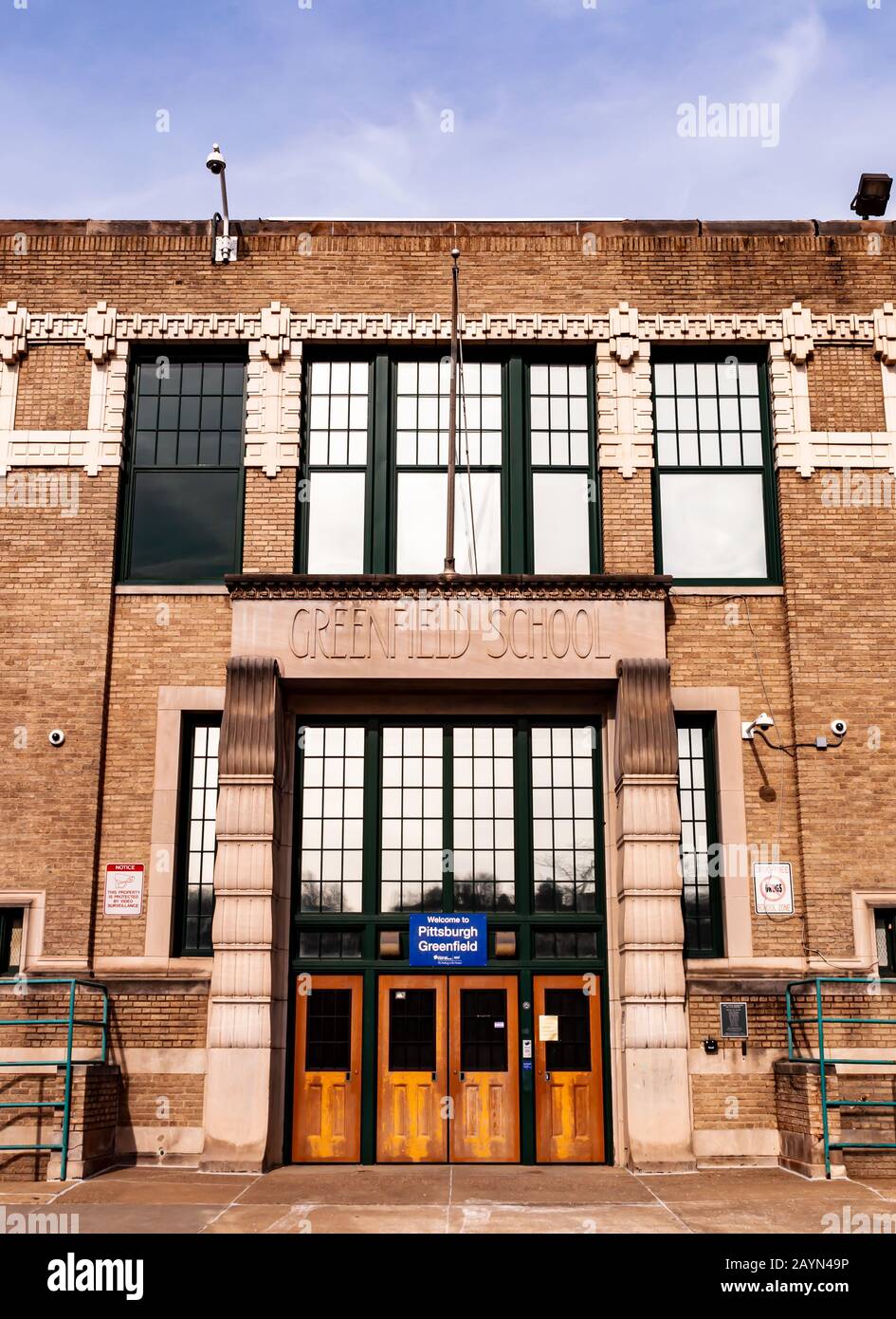 The entrance to Greenfield School, a Pittsburgh Public School