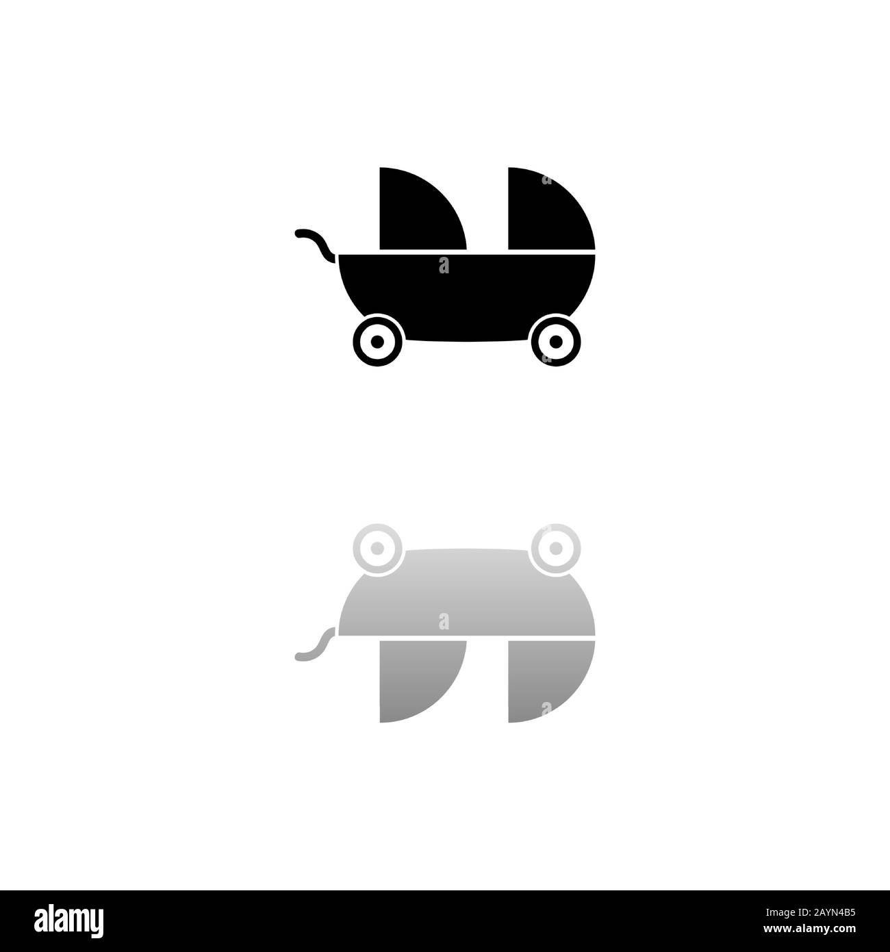 Baby carriage for two baby. Black symbol on white background. Simple illustration. Flat Vector Icon. Mirror Reflection Shadow. Can be used in logo, we Stock Vector