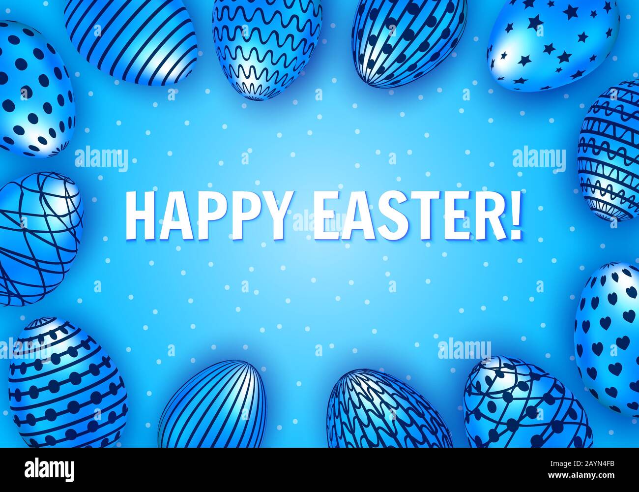 Happy Easter greeting card with blue decorated eggs. Vector illustration Stock Vector