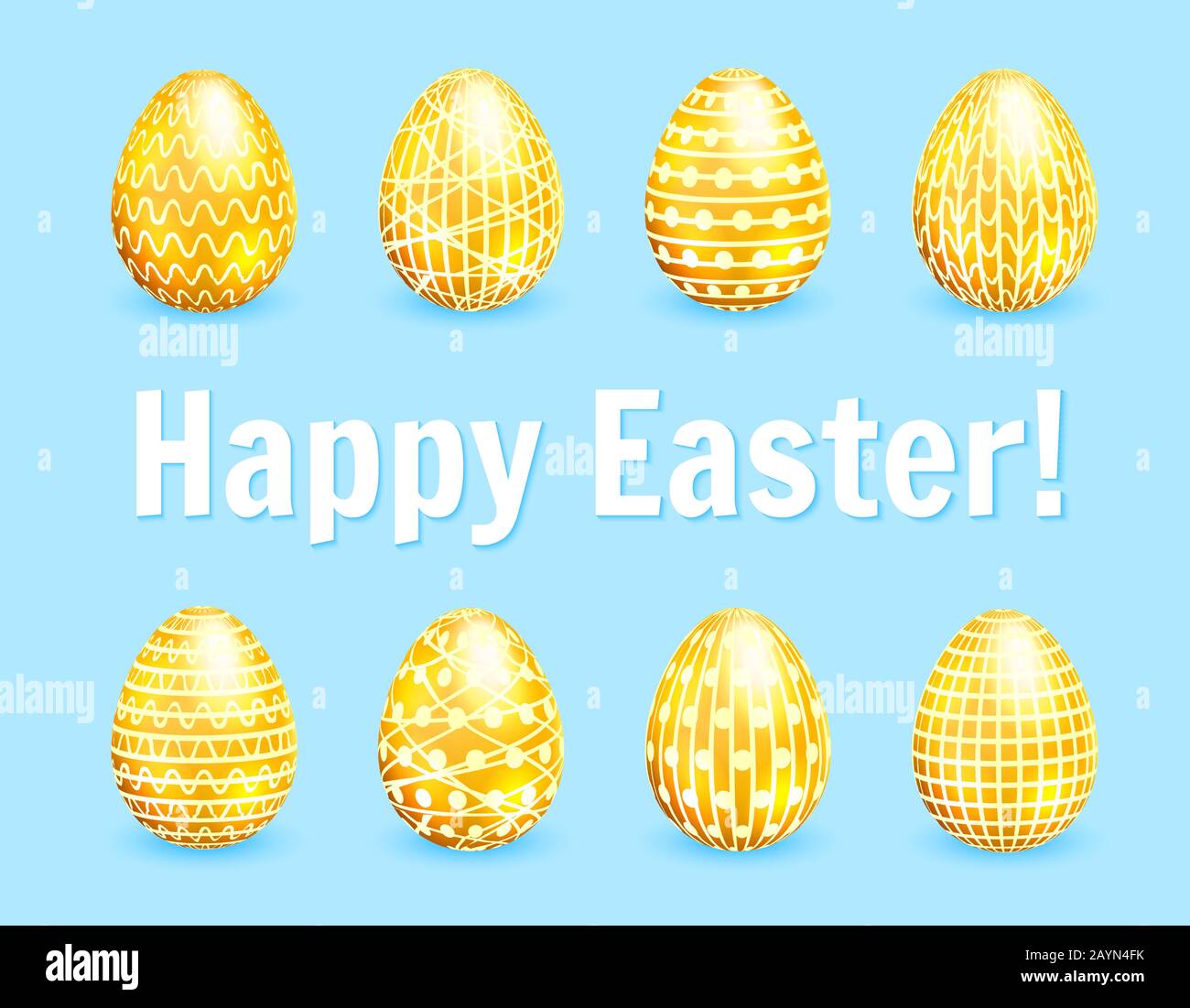 Golden easter eggs set on blue background. Vector illustration Stock Vector