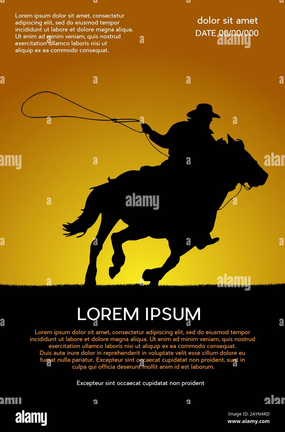 Rodeo competition tournament, sunset background. Vector poster cowboy and lasso on the horse Stock Vector