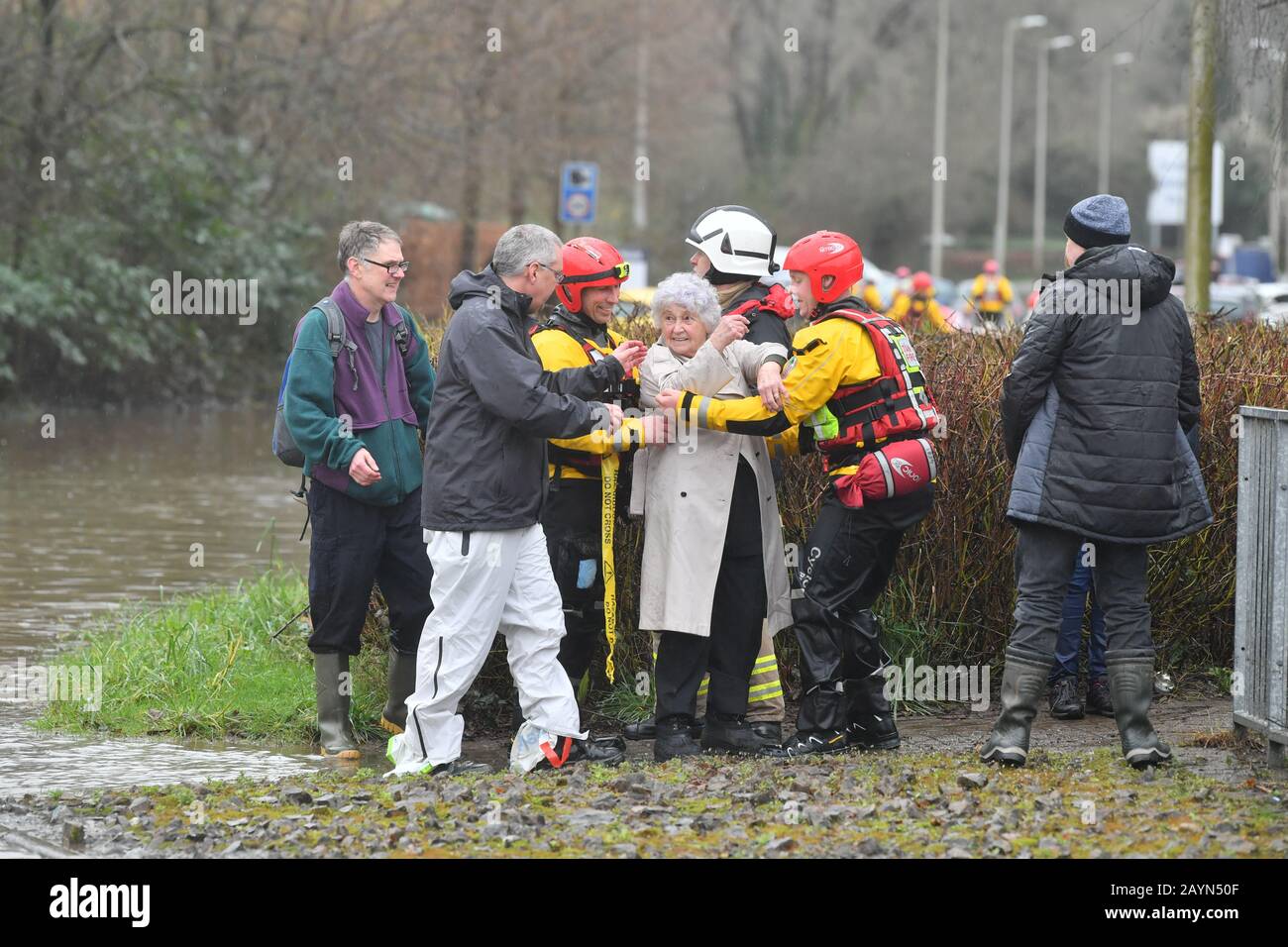 Rescue operations continue as emergency services take residents of Oxford Street, Nantgarw to safety, after flooding in Wales as Storm Dennis hit the UK. Stock Photo