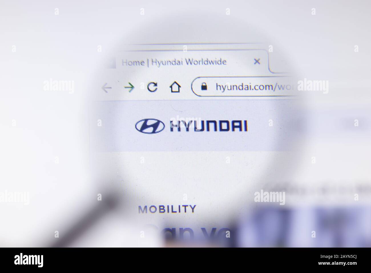 Saint-Petersburg, Russia - 18 February 2020: Hyundai Motor Company company website page logo on laptop display. Screen with icon, Illustrative Stock Photo