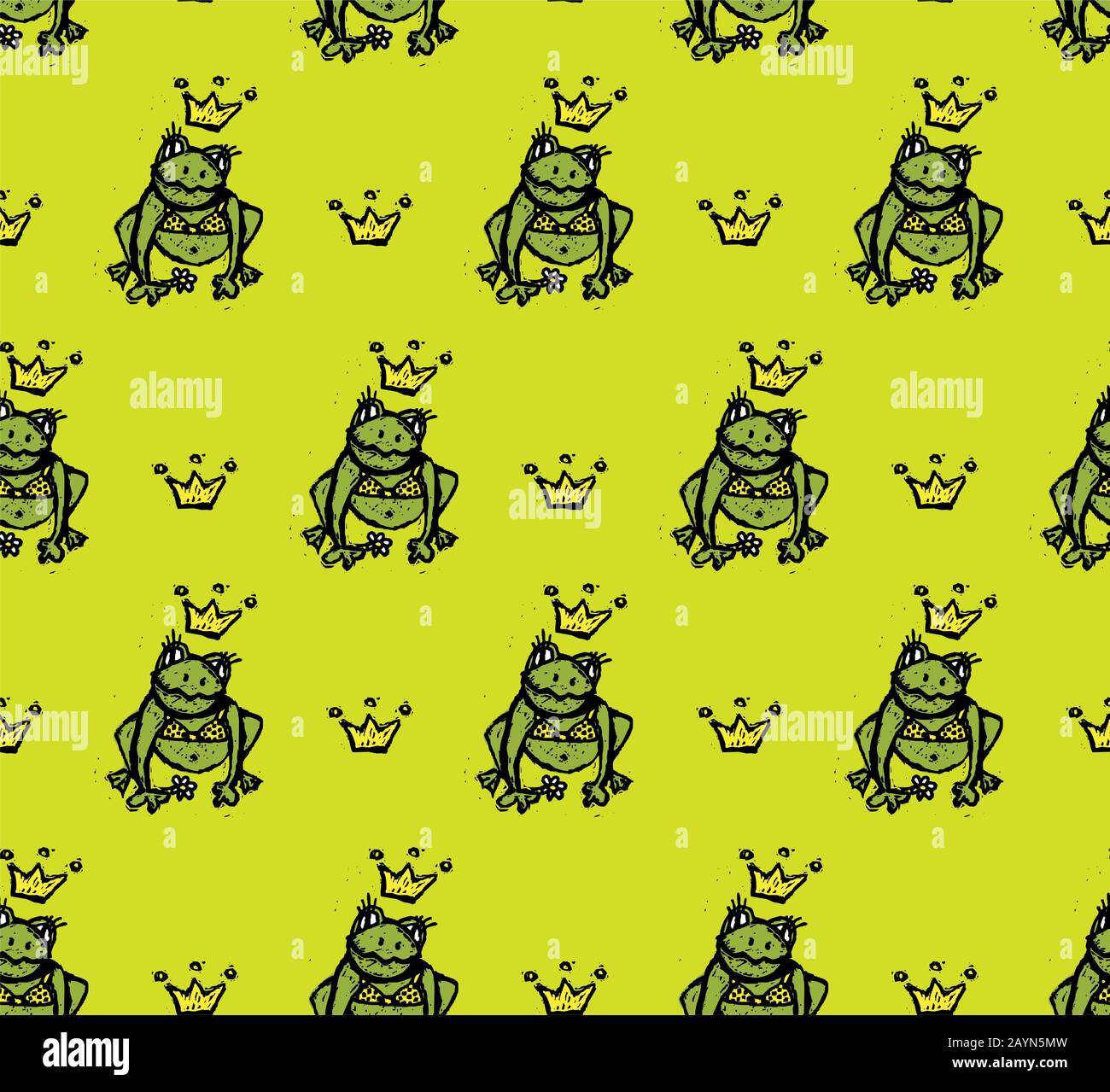 Frog doodles princess in crown seamless pattern Stock Vector