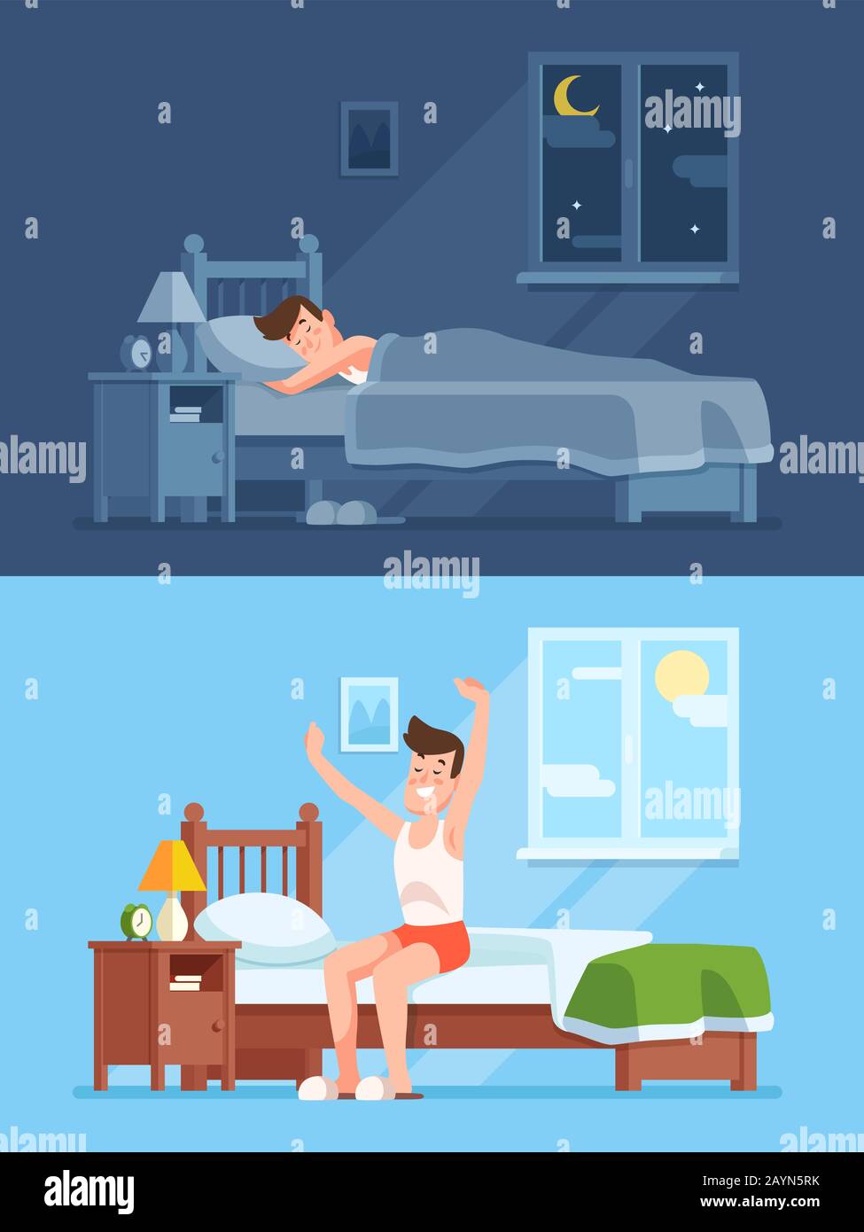 Man sleeping under duvet at night, waking up morning and getting out of bed. Peacefully sleep in comfy bedding cartoon vector concept Stock Vector