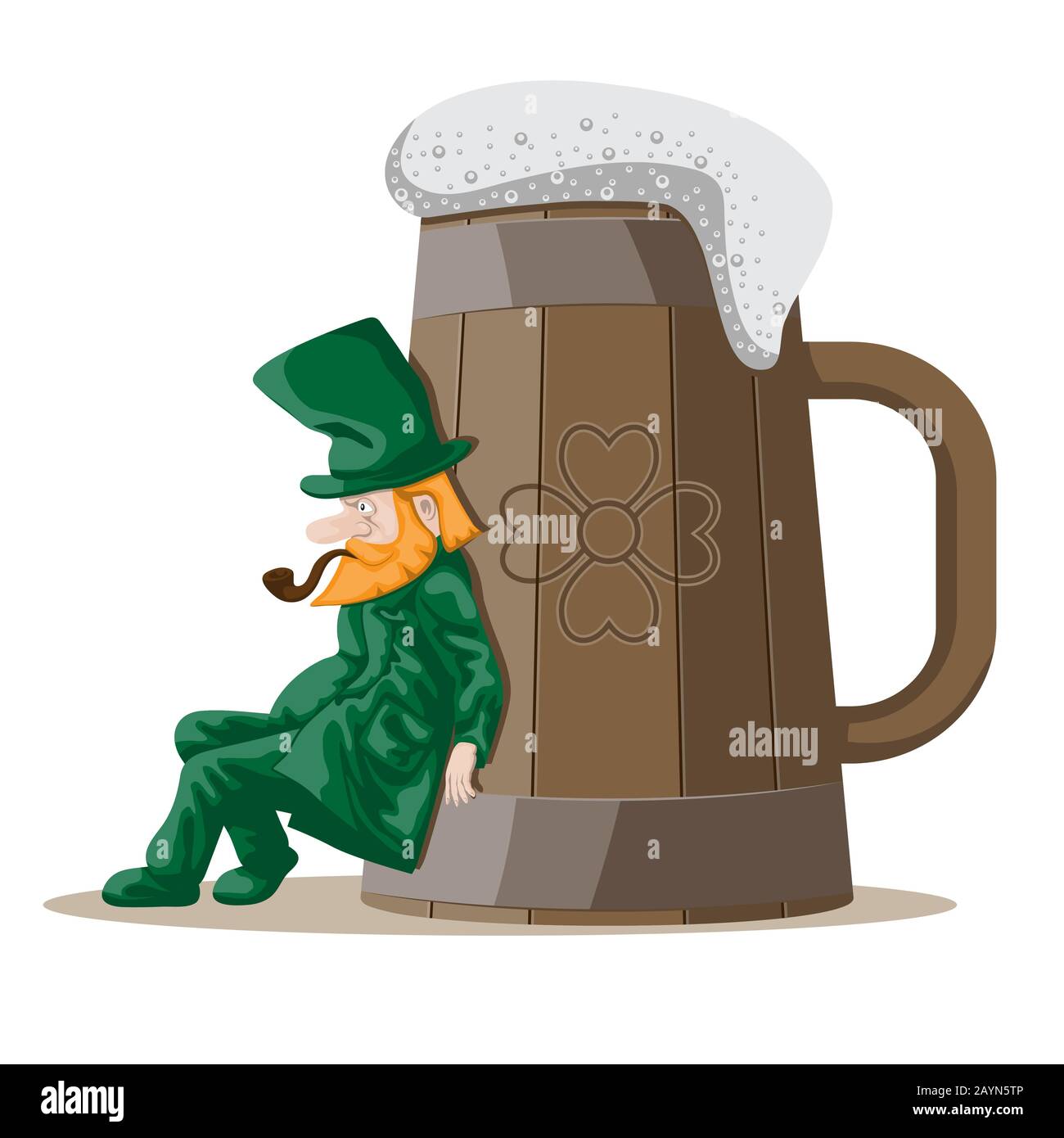 A leprechaun pushes a giant wooden beer mug against a white isolated background. Vector image Stock Vector