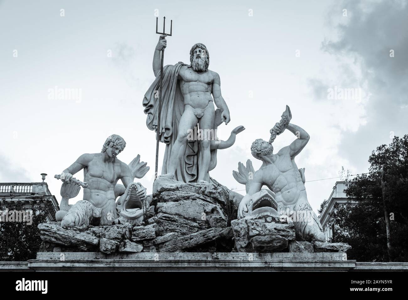 Scupltures of Fontana del Nettuno or The Fountain of Neptune on Piazza del Popolo in Rome, Italy Stock Photo
