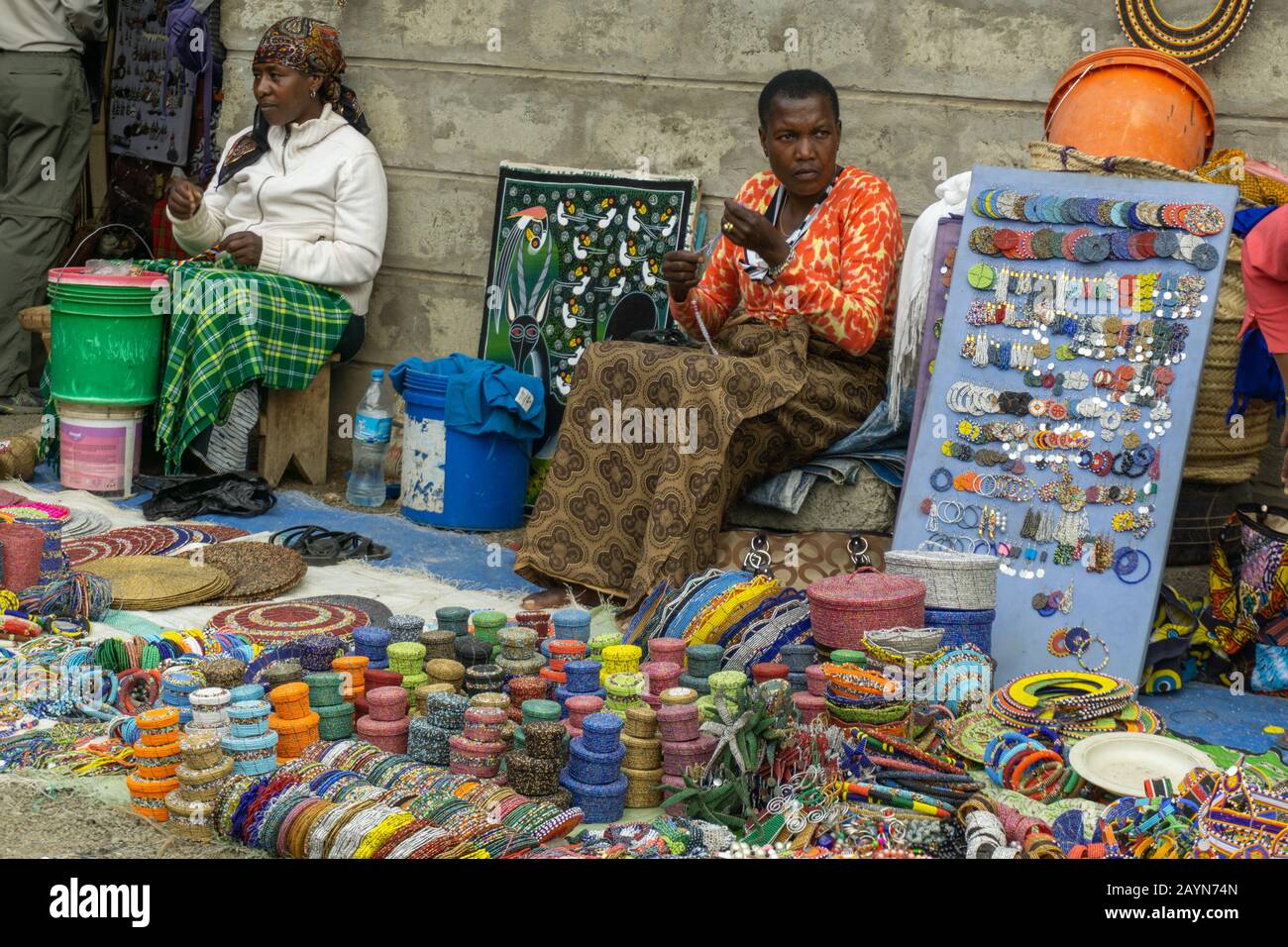 ARUSHA, TANZANIA - AUGUST 16, 2017: people at the central market of Arusha with masai handicrafts for sale Stock Photo