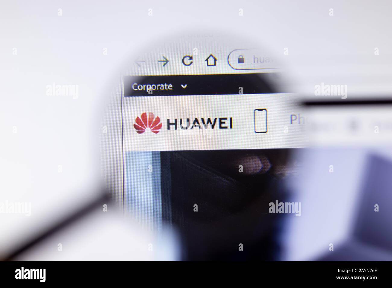 Saint-Petersburg, Russia - 18 February 2020: Huawei company website page logo on laptop display. Screen with icon, Illustrative Editorial Stock Photo