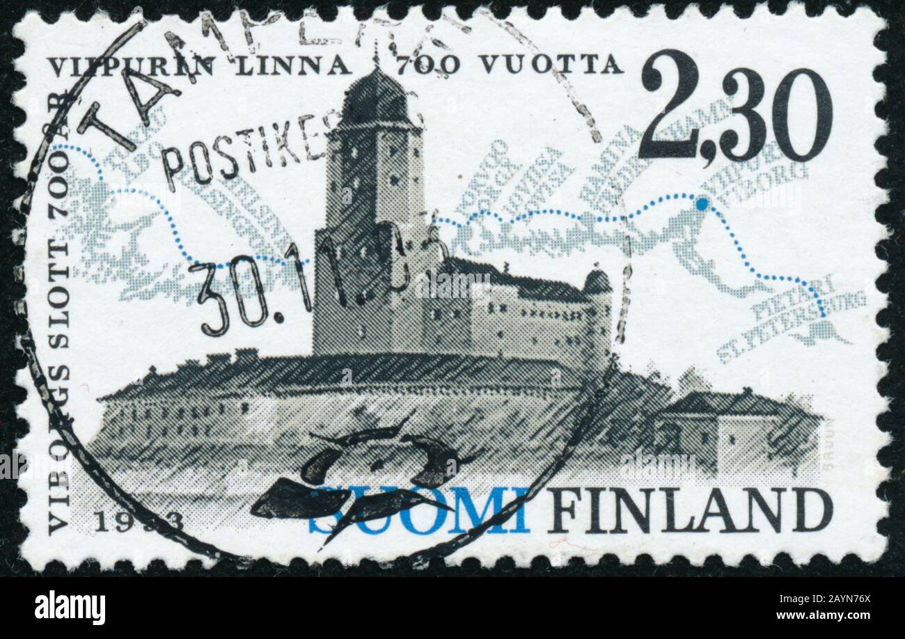 POLTAVA, UKRAINE - February 16, 2020. Vintage stamp printed in Finland circa 1993 show 700th Anniversary of Viborg castle Stock Photo