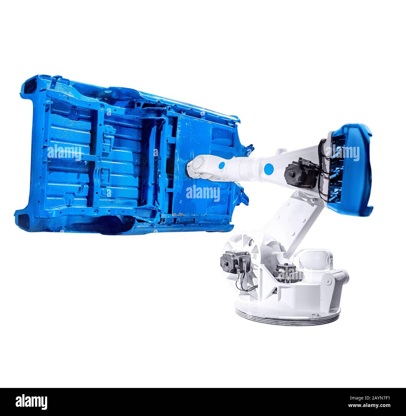 Isolated industrial robotic automatic arm works with car steel frame, the concept of modern technology in the factory. Stock Photo