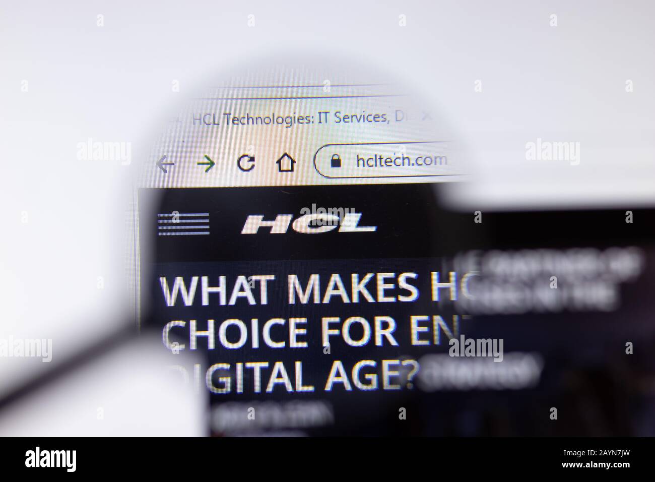 Saint-Petersburg, Russia - 18 February 2020: HCL Technologies company website page logo on laptop display. Screen with icon, Illustrative Editorial Stock Photo