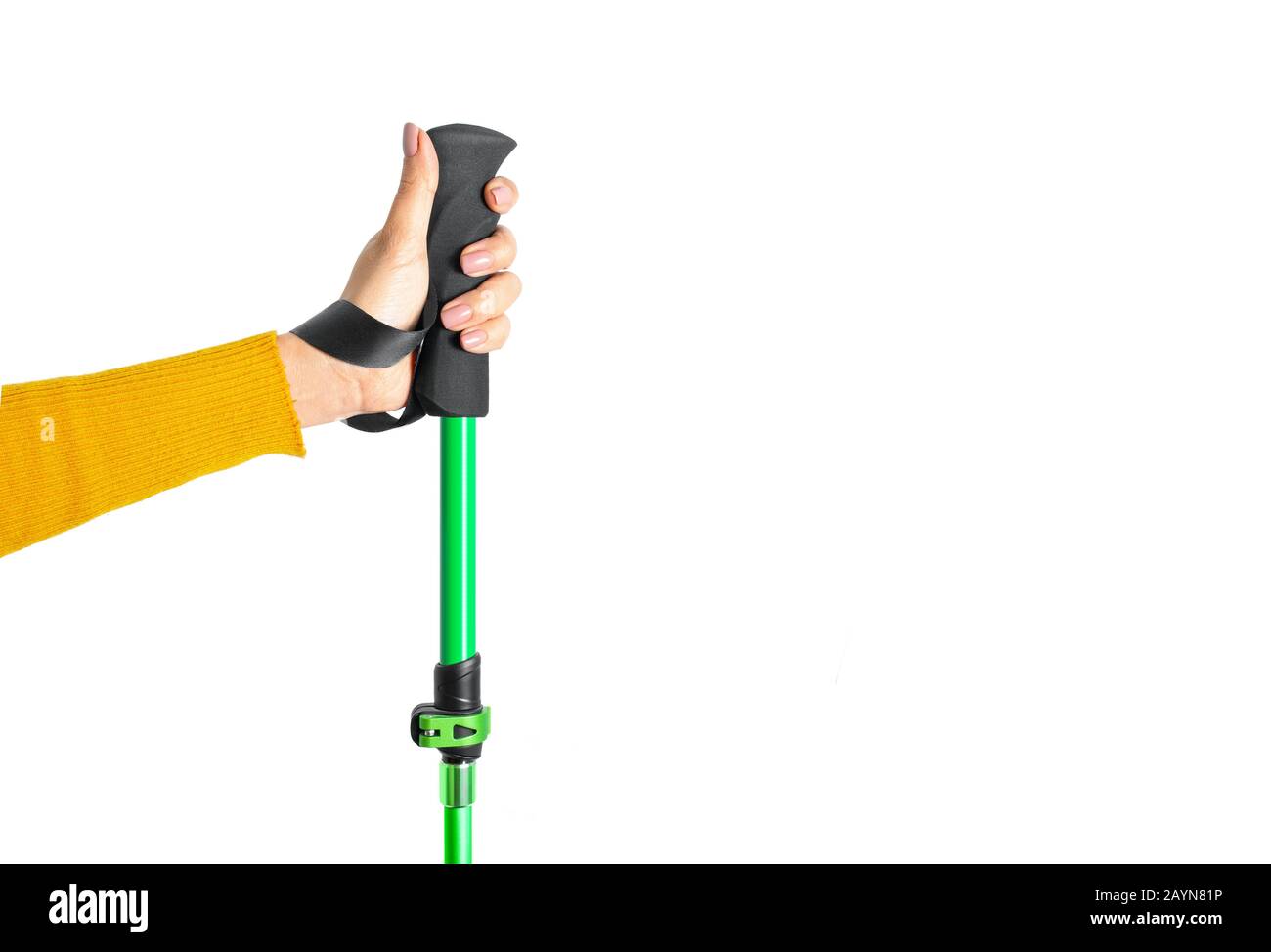 Female hand with walking hiking stick isolated on white background Stock Photo Alamy