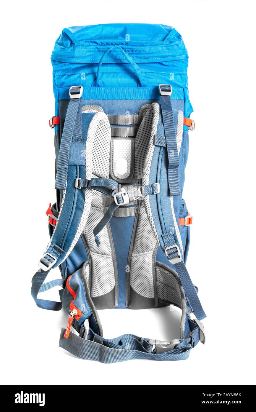 Modern hiking backpack isolated on white. Trekking gear and equipment ...