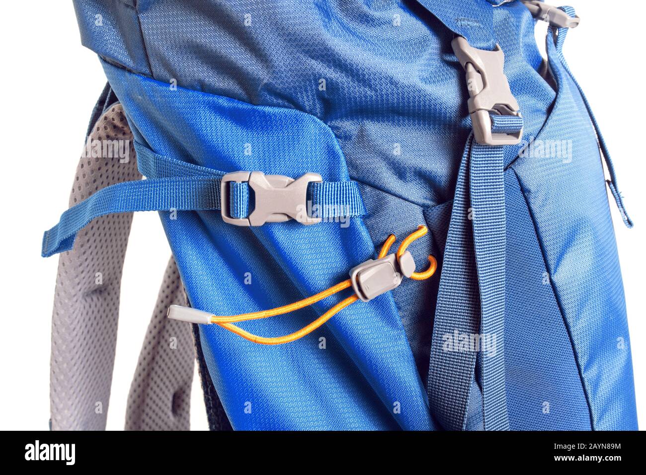 Details and fasteners straps on a Hiking backpack, Studio shot Stock