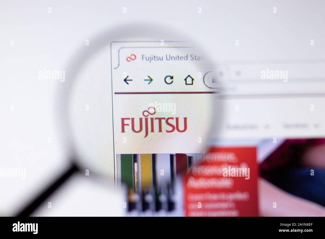 Saint-Petersburg, Russia - 18 February 2020: Fujitsu company website page logo on laptop display. Screen with icon, Illustrative Editorial Stock Photo