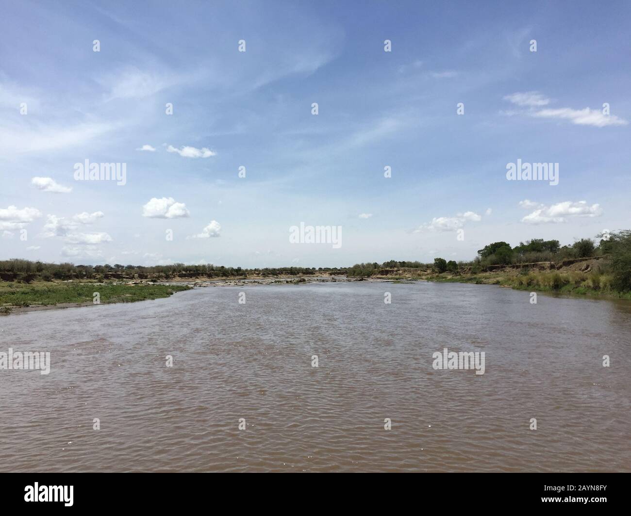 Wide view landscape over Mara River iin Serengeti National Park, Tanzania, Africa Stock Photo