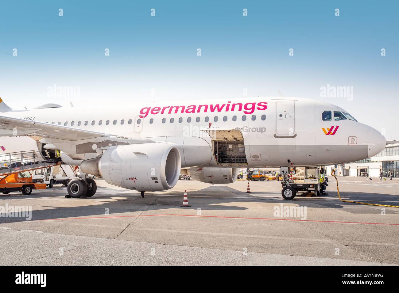 PISA, ITALY - 14 October , 2018: German wings Aircraft at the airport parking waiting for luggage being loaded Stock Photo