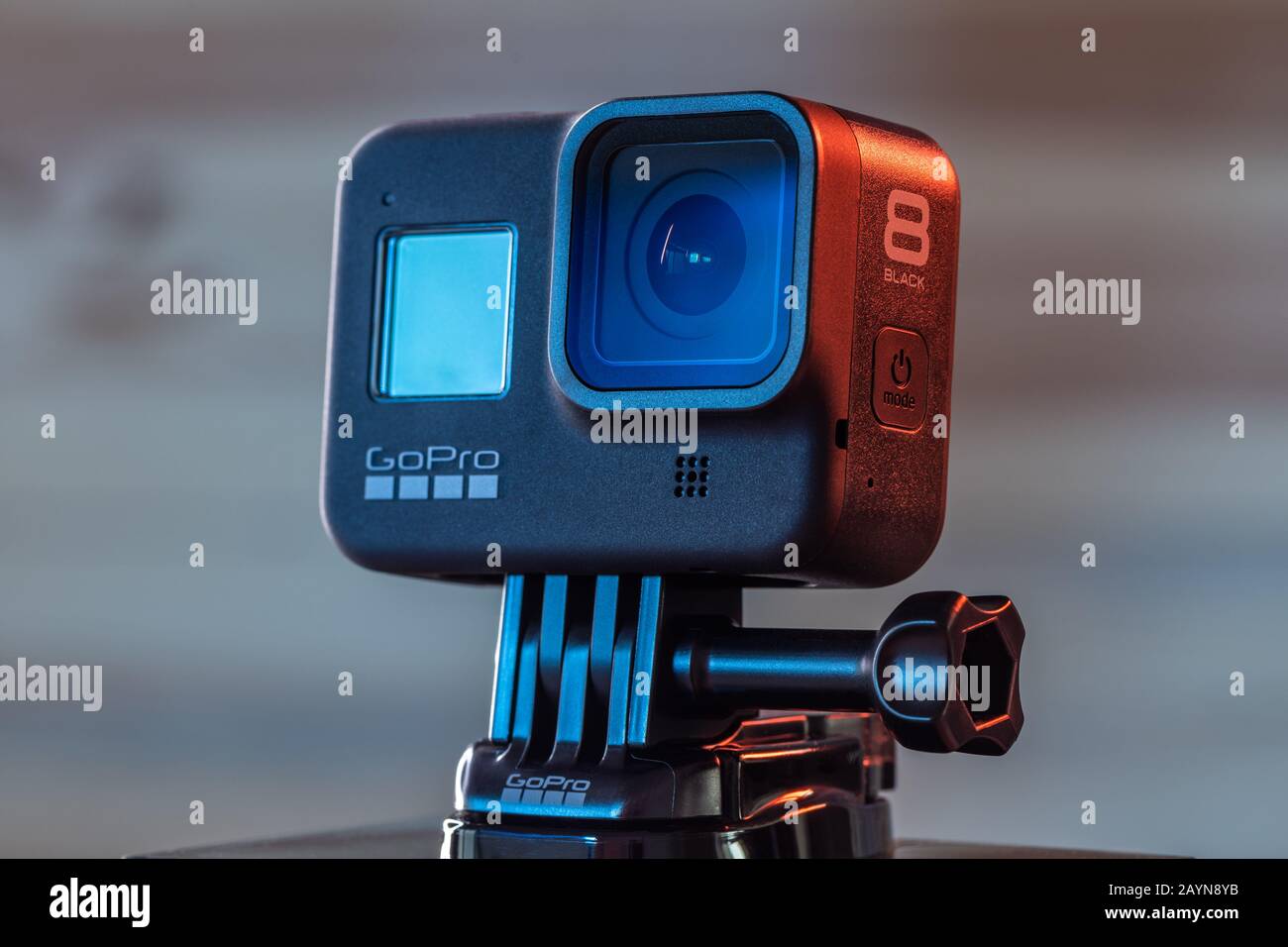 Novi Sad, Serbia, February 15. 2020: GoPro Hero 8 Black action camera, illustrative editorial Stock Photo